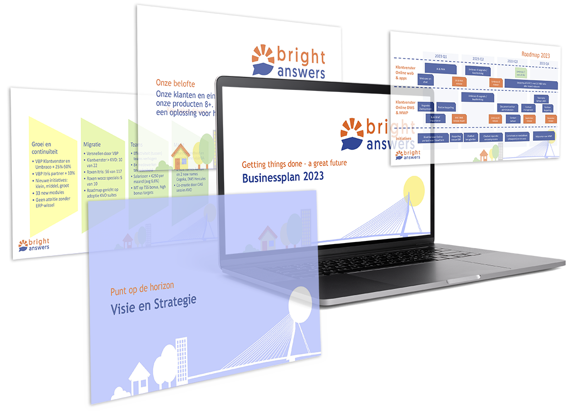 Mockup van laptop en presentatieslides Bright Answers